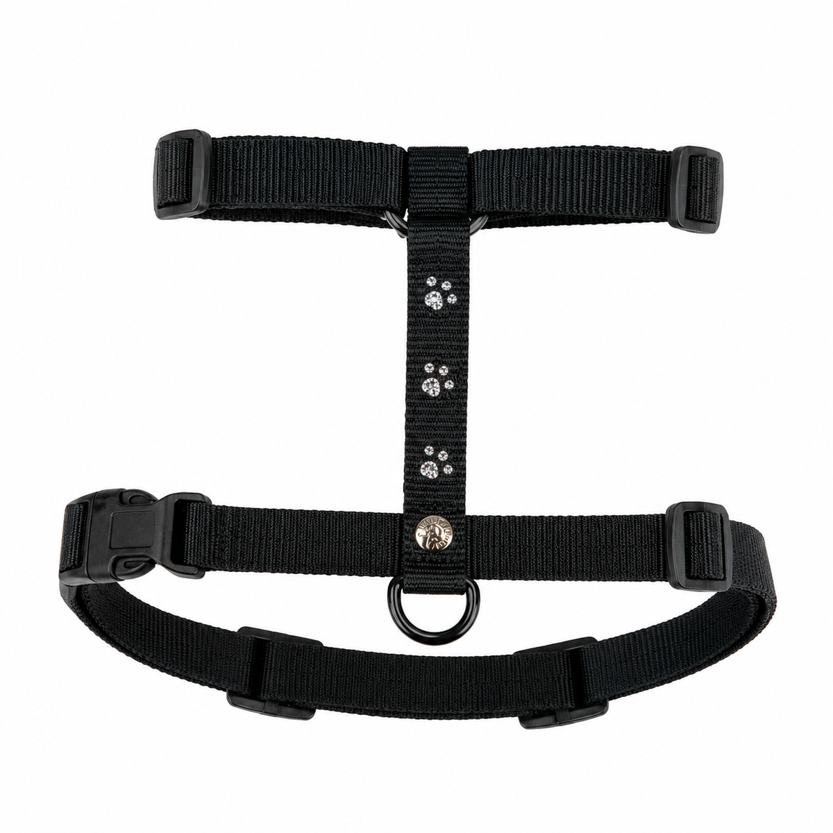 Harnais noir MARTIN SELLIER réglable pour petit chien, décoré de trois motifs pattes en strass argentés, avec fermeture à clip.