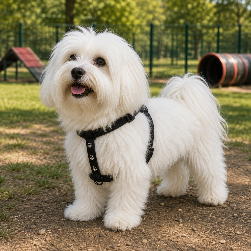 Petit chien blanc portant un harnais noir MARTIN SELLIER à motifs pattes en strass, dans un parc canin.