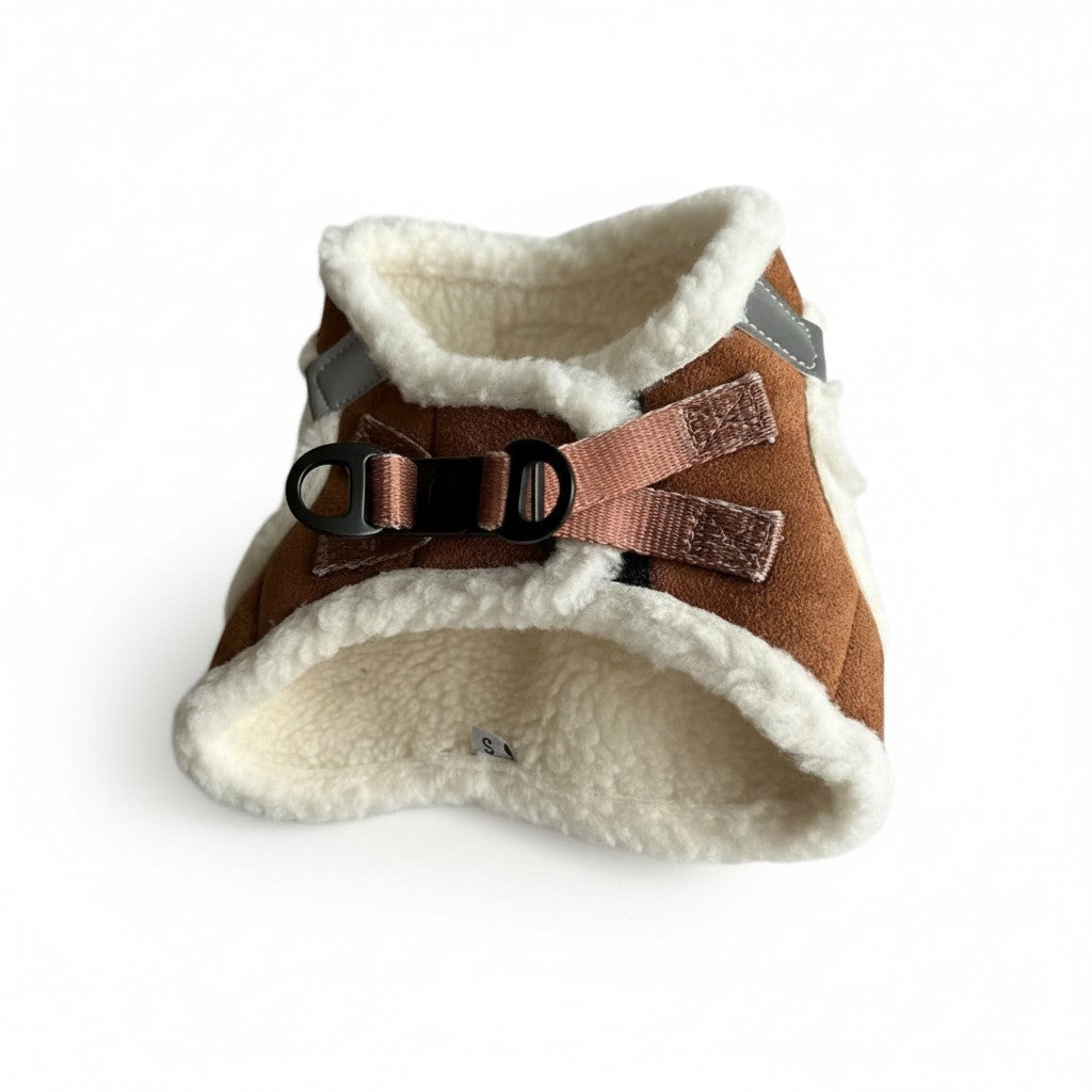 Harnais chien polaire taille S vue dos boucle clip noire et sangle réglable marron sherpa blanc