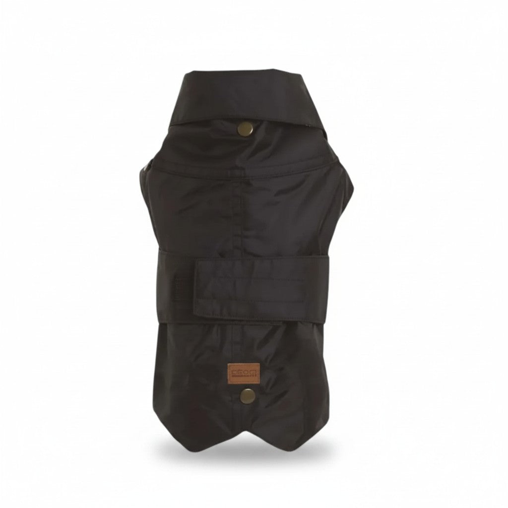 Imperméable pour chien Montréal noir Croci, vu de dessus, avec col, sangle à scratch et boutons-pression dorés.