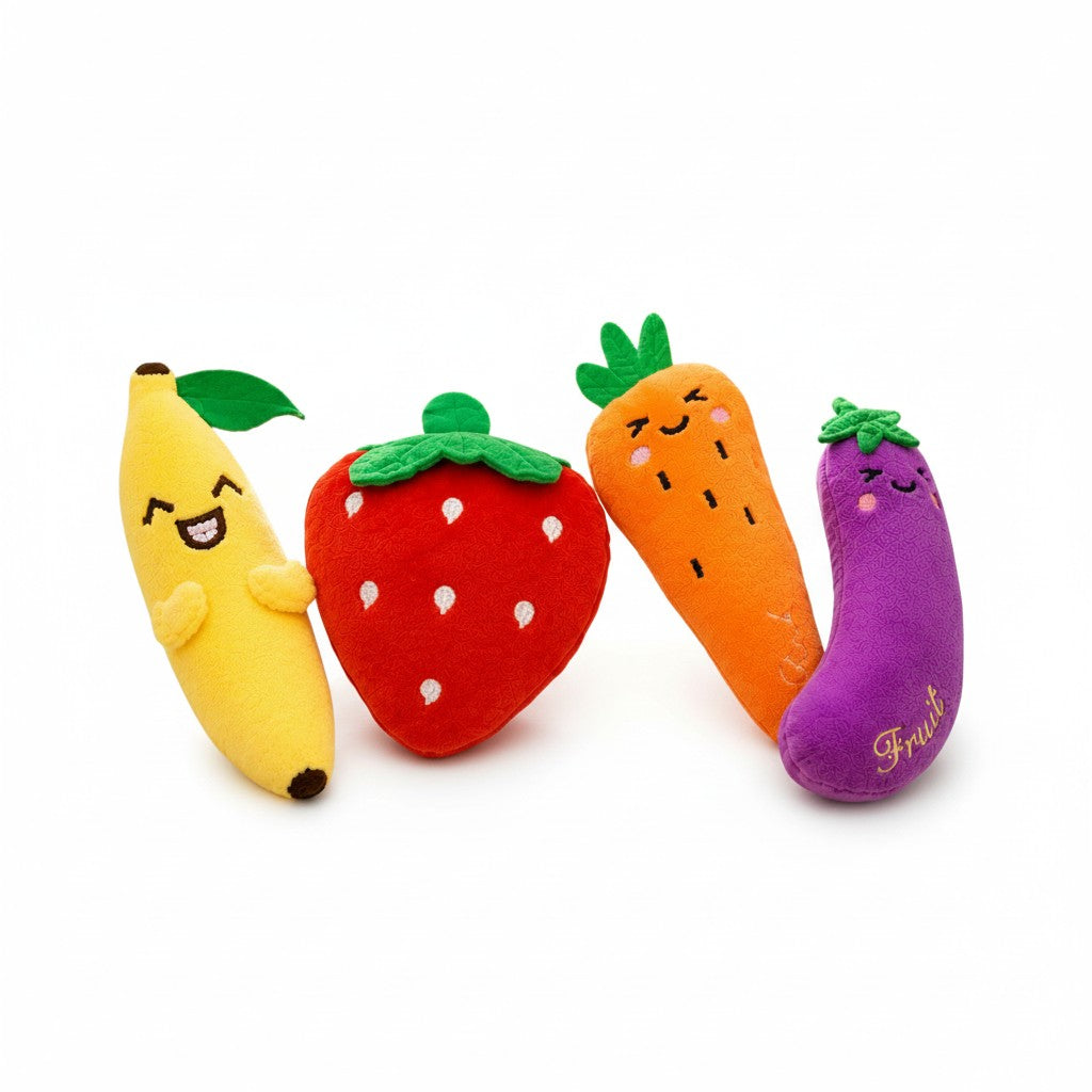 Lot de 4 jouets peluche pour chien fruits et legumes kawaii banane fraise carotte aubergine jouets couineur pour chien