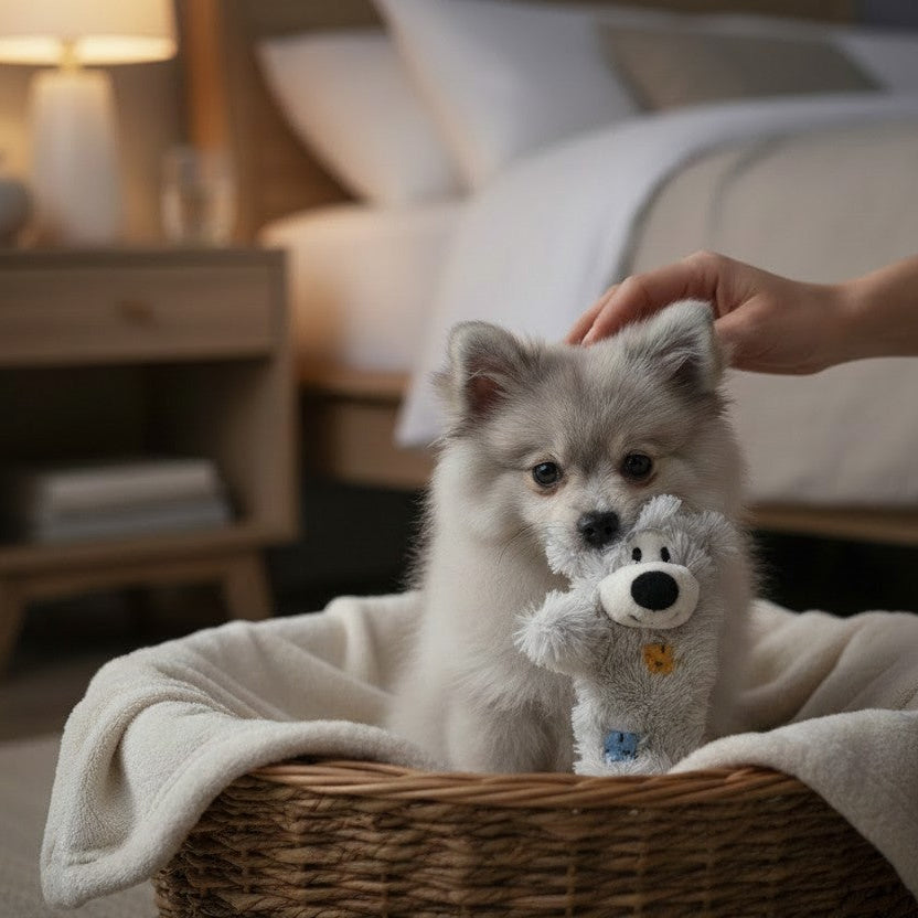 Un petit chiot Spitz Allemand gris clair est assis dans un panier en osier doublé d'une couverture en polaire blanche. Il tient dans sa gueule la peluche ours gris KONG Wild Knots Bear, tandis qu'une main humaine caresse doucement sa tête. L'arrière-plan tamisé montre une chambre avec un lit aux draps blancs et une table de chevet en bois éclairée par une lampe.