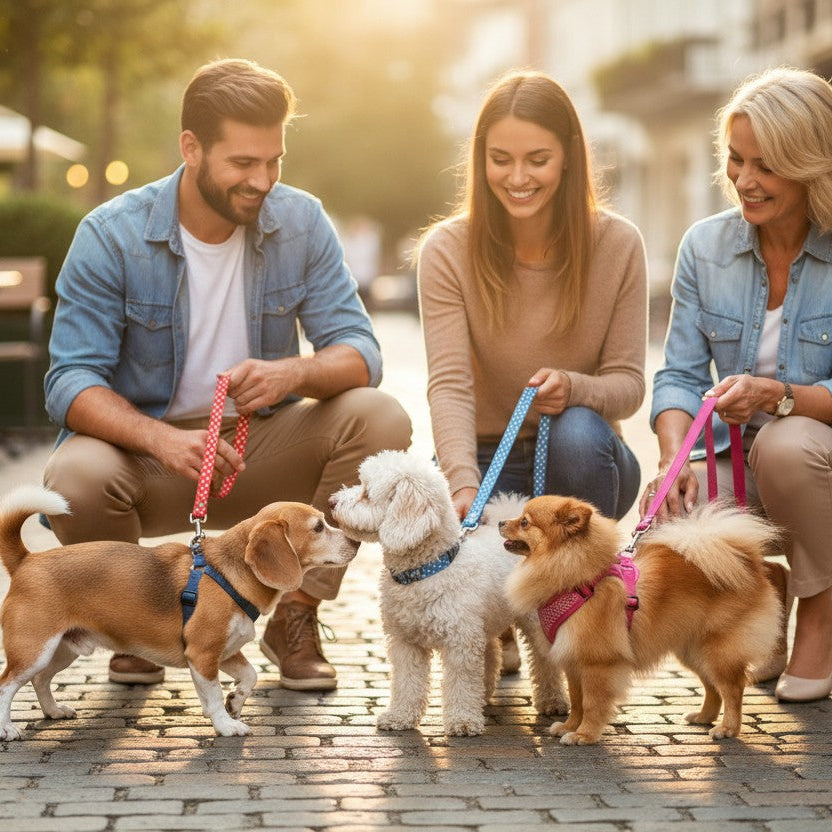 Trois personnes souriantes accroupies dans une rue piétonne, tenant en laisse un Beagle, un Bichon blanc et un Spitz Poméranien. Ils ont tous la même laisse mais de couleur différente, rouge, bleue et rose à pois blancs. La scène est baignée par une lumière dorée de fin de journée, avec une terrasse de café floutée en arrière-plan.