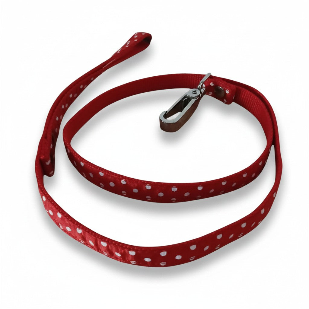 Laisse pour petit chien ALTER EGO taille S, rouge à pois blancs, avec poignée et mousqueton métallique.