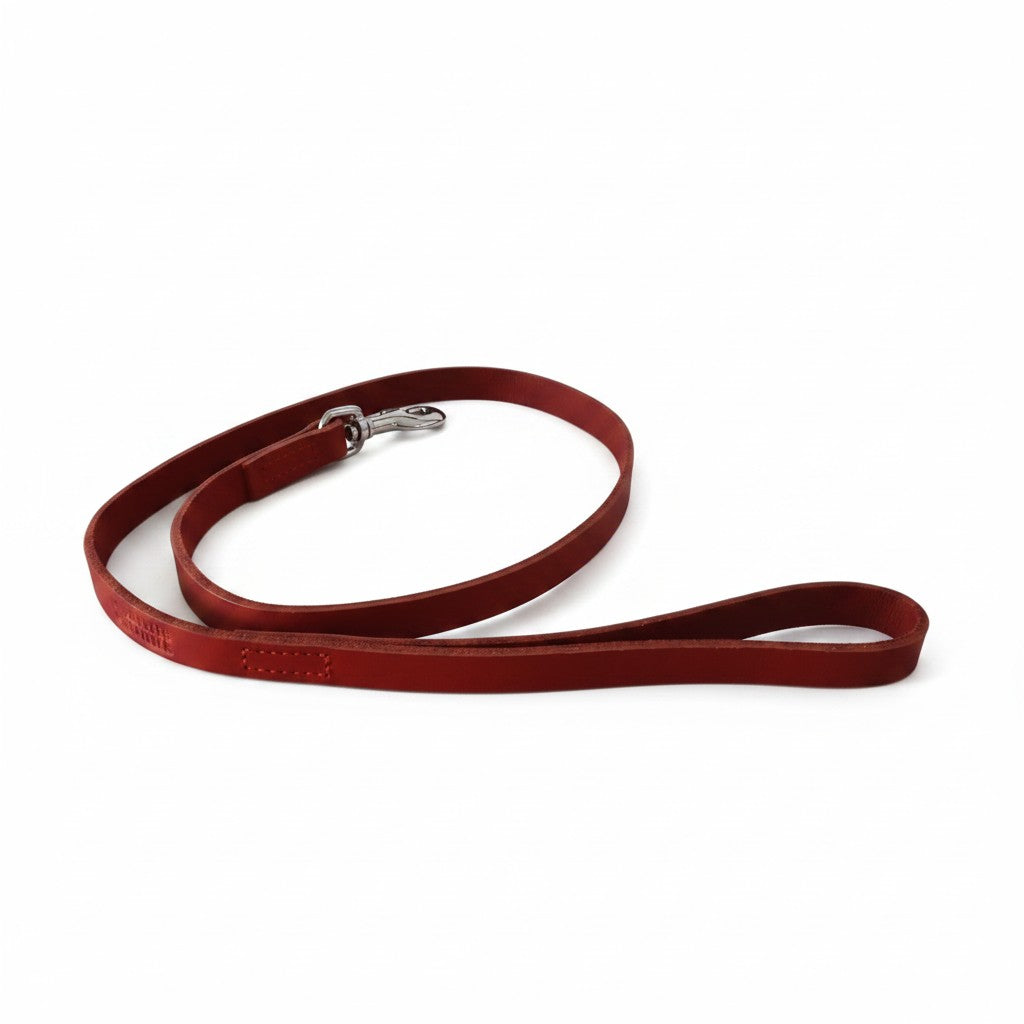 Laisse MARTIN SELLIER en cuir rouge à bords arrondis pour petit chien, avec poignée intégrée et mousqueton métallique.