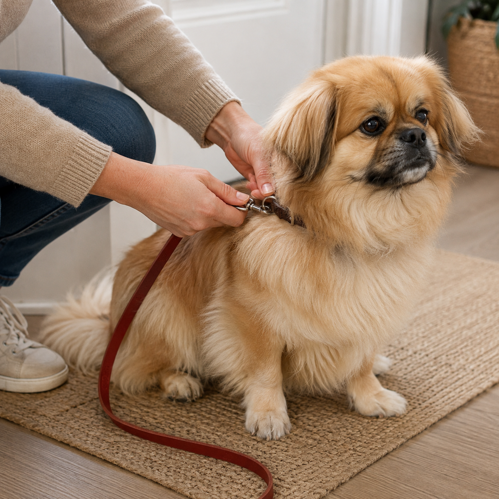 Petit chien beige auquel une personne attache une laisse en cuir rouge MARTIN SELLIER à son collier.