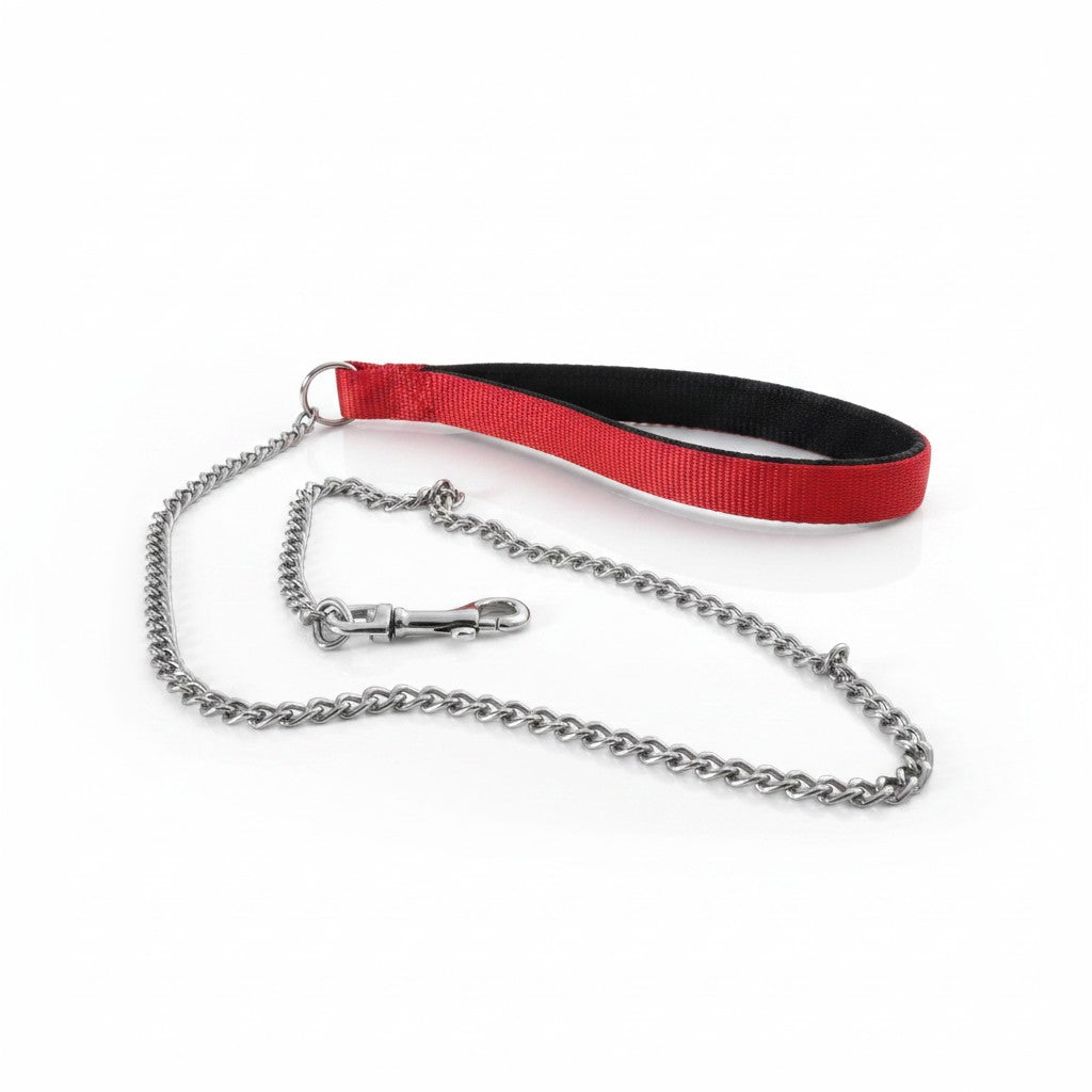 Laisse MARTIN SELLIER pour petit chien composée d’une chaîne métallique fine avec mousqueton et poignée rouge doublée de noir.