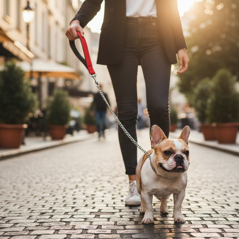 Bouledogue français promené en ville avec une laisse chaîne métallique fine munie d’une poignée rouge et noire.