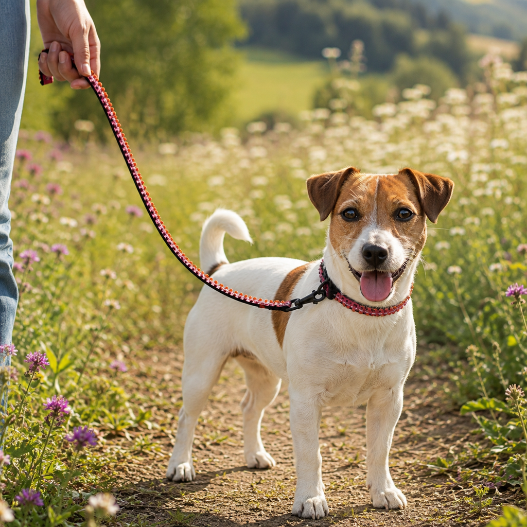 Jack Russell tenu en laisse avec une laisse Dancing Queen rose, orange et noire lors d’une promenade dans un chemin de campagne fleuri.