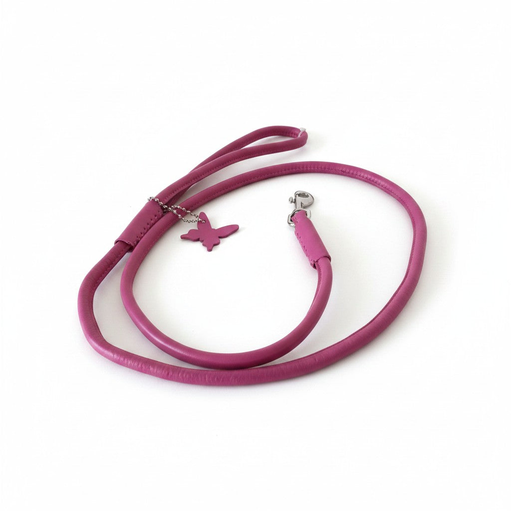 Laisse pour chien ronde en cuir rose fuchsia avec mousqueton argenté et pendentif papillon assorti, sur fond blanc.