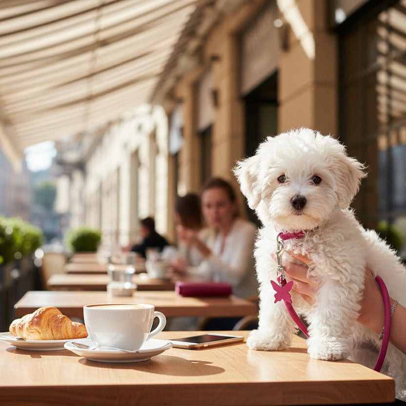 Petit chiot blanc frisé portant un collier et une laisse roses, assis sur une table de café en terrasse à côté d'un cappuccino et d'un croissant.