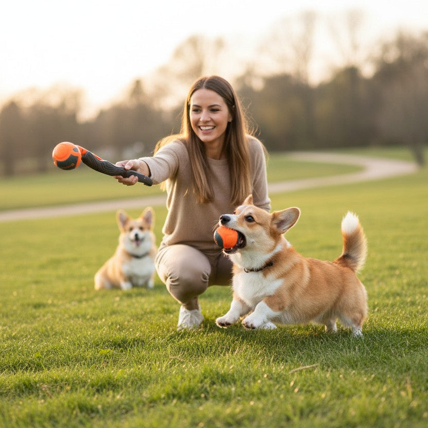 Une jeune femme souriante est accroupie sur une pelouse verte et utilise un lanceur de balle pour jouer avec deux chiens de race Corgi. Le chien au premier plan court joyeusement avec une balle orange et noire dans la gueule, tandis que le second Corgi attend en arrière-plan. L'action se déroule dans un grand parc arboré lors d'une fin d'après-midi lumineuse.