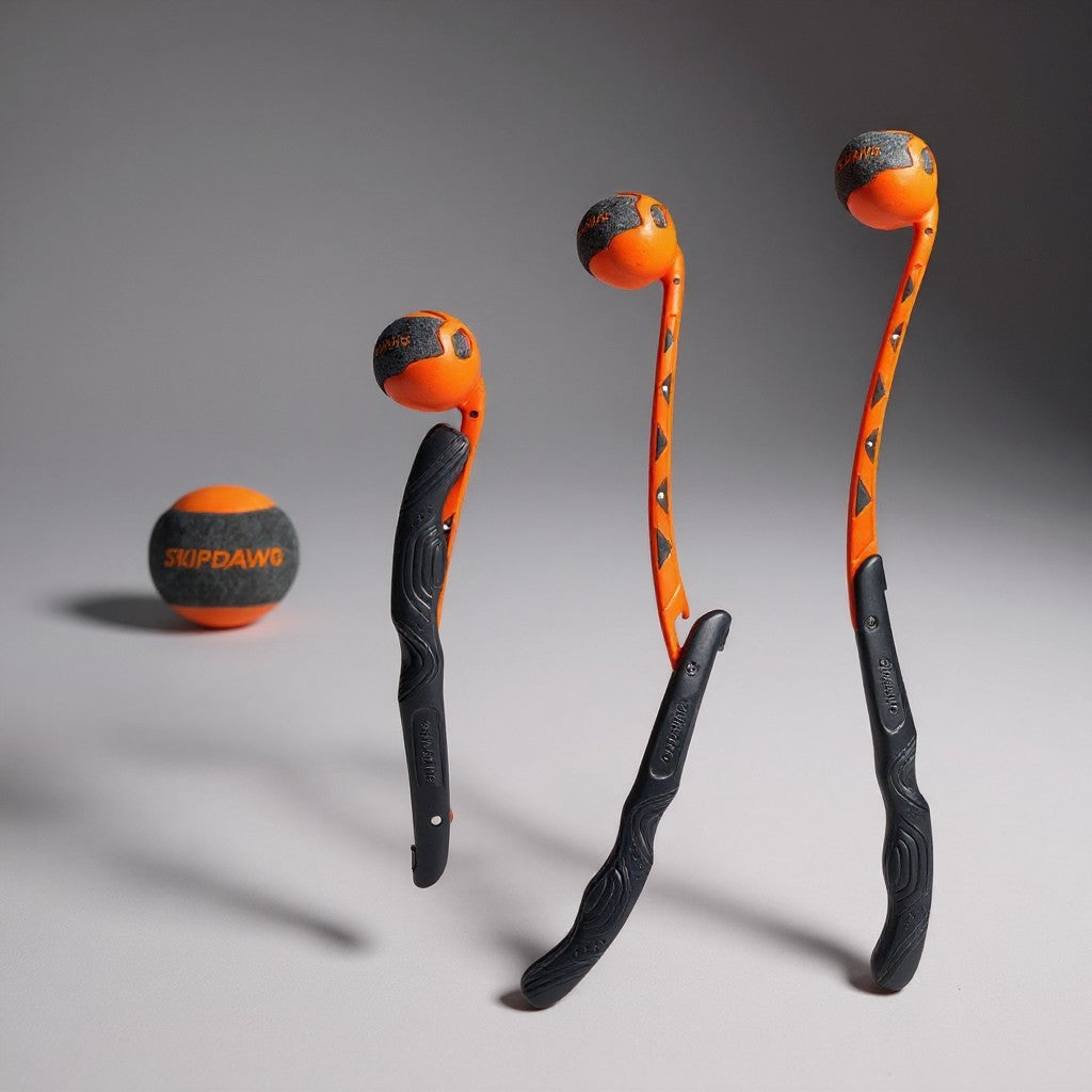 Photo de présentation d'un lanceur de balle pour chien extensible de la marque Skipdawg. L'image montre le même produit à trois étapes d'ouverture : complètement plié et compact à gauche, semi-ouvert au milieu, et totalement déplié à droite. Une balle de tennis pour chien orange et grise est posée au second plan.