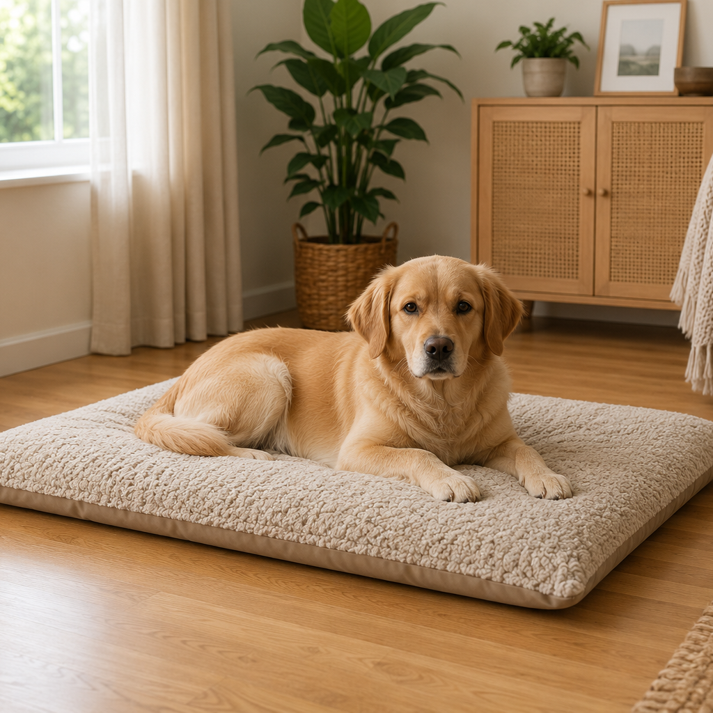 Petit chien beige allongé sur un lit matelassé beige dans un intérieur lumineux.