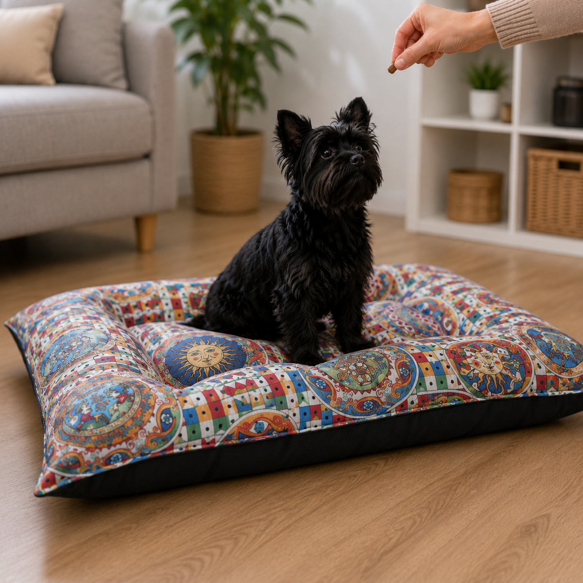 Petit chien noir assis sur un lit rectangulaire multicolore rembourré de 70 × 50 cm dans un salon.