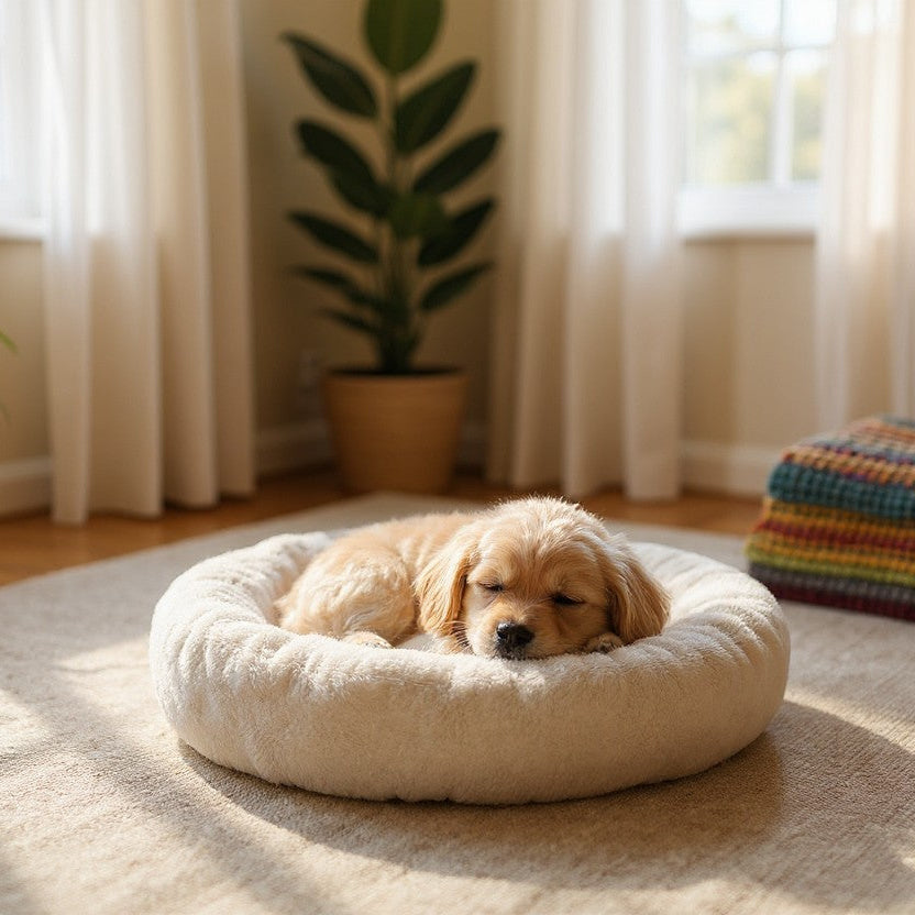 Petit chiot endormi dans un lit rond écru moelleux installé sur un tapis dans un salon lumineux.