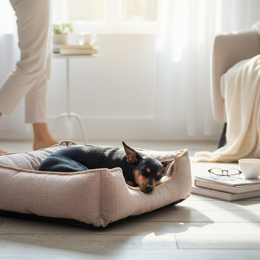 Un Pinscher nain dort paisiblement en boule au centre d'un panier rectangulaire moelleux de couleur rose poudré. Le panier en tissu texturé est posé sur un parquet en bois clair. À droite, une tasse blanche et des lunettes sont posées sur une pile de livres au sol, à côté d'un fauteuil beige orné d'un plaid blanc. En arrière-plan, les jambes d'une personne marchant pieds nus sont visiblement floutées dans une pièce baignée de lumière naturelle.