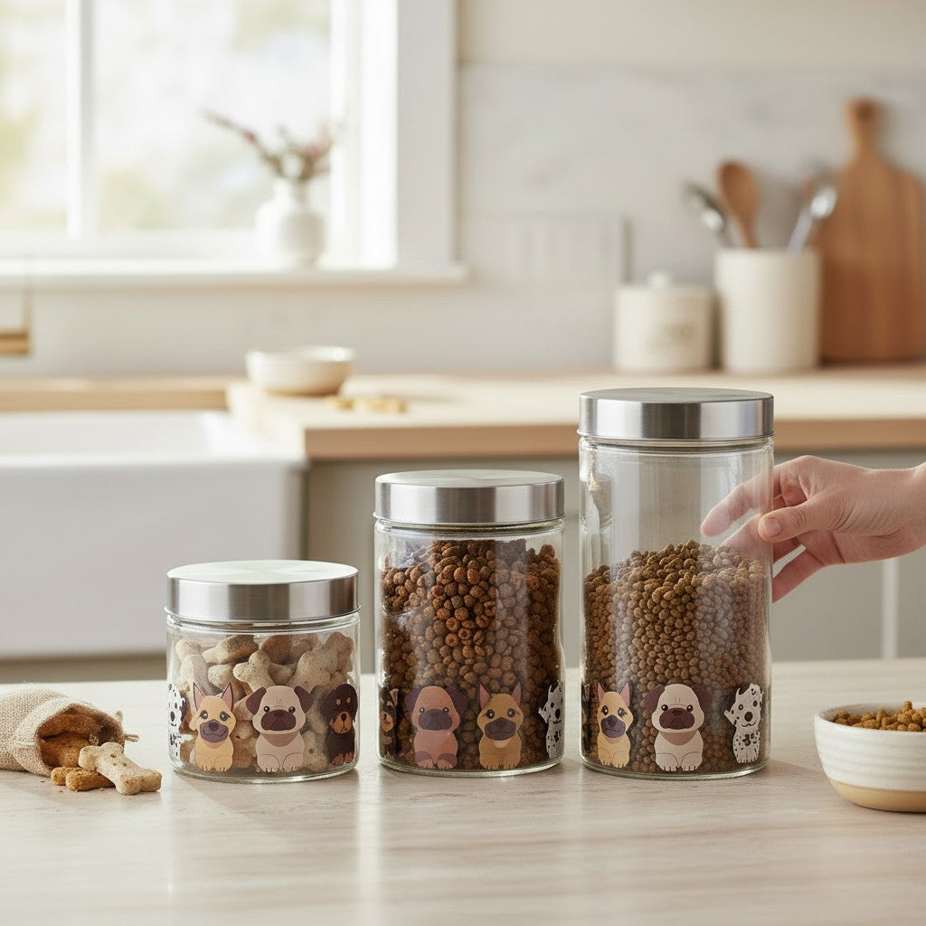 Trois bocaux verre 0,8L 1,2L 1,7L remplis de croquettes et biscuits chien sur plan de travail cuisine rangement hermétique