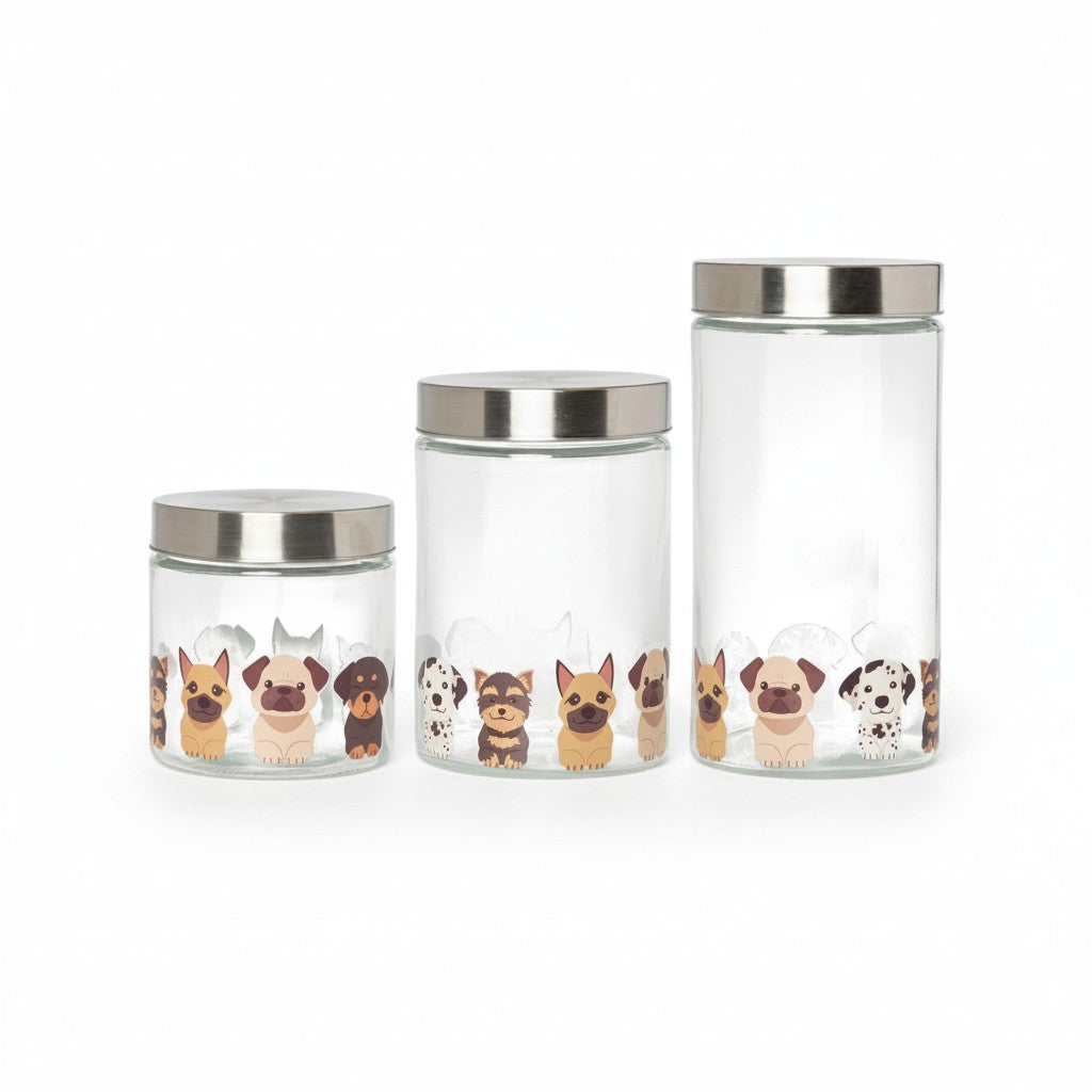 Lot de 3 bocaux en verre 0,8L 1,2L 1,7L avec couvercle inox hermetique motifs chiens kawaii pour croquettes chien conservation