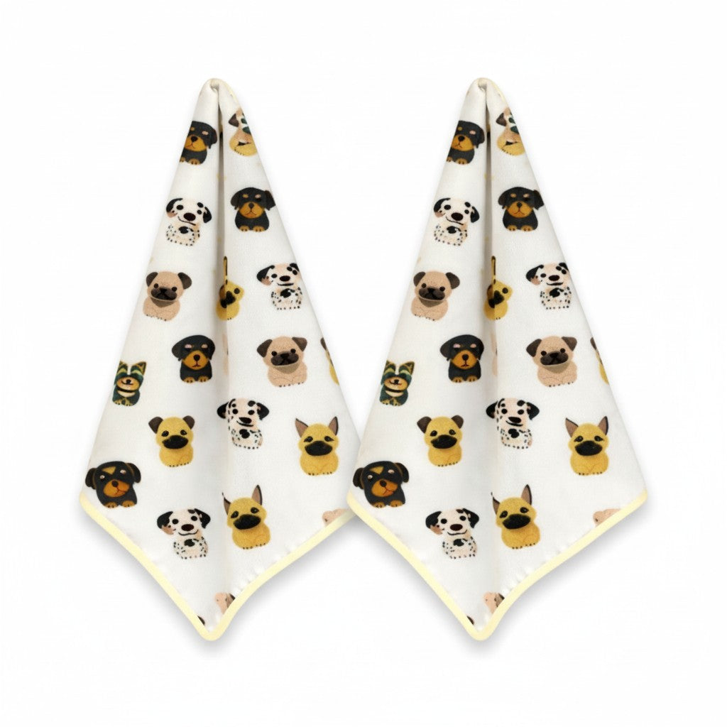 Lot de 2 torchons microfibre blancs motif chiens kawaii bouledogue dalmatien york liseré jaune torchon cuisine absorbant