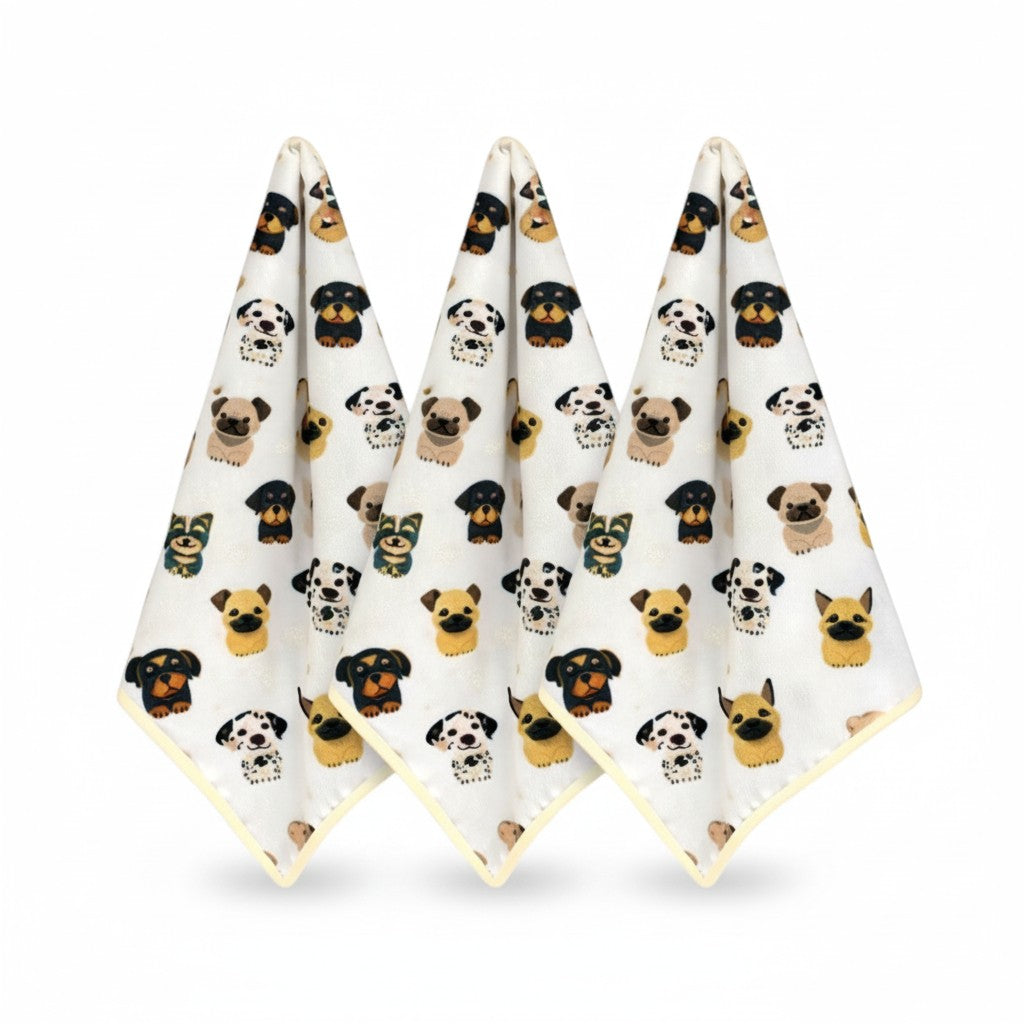 Lot de 3 torchons microfibre blancs motif chiens kawaii bouledogue dalmatien york liseré jaune torchon cuisine absorbant