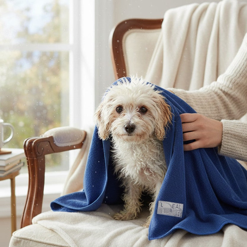 Une personne assise essuie un petit chien blanc à poil long et mouillé à l'aide d'une serviette en microfibre bleu foncé. 