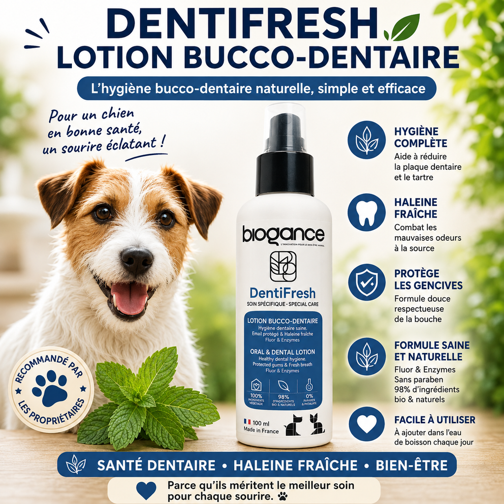 Lotion bucco-dentaire DentiFresh BIOGANCE 100 ml présentée avec un petit chien et les principaux bénéfices du soin dentaire