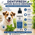 Lotion bucco-dentaire DentiFresh BIOGANCE 100 ml présentée avec un petit chien et les principaux bénéfices du soin dentaire