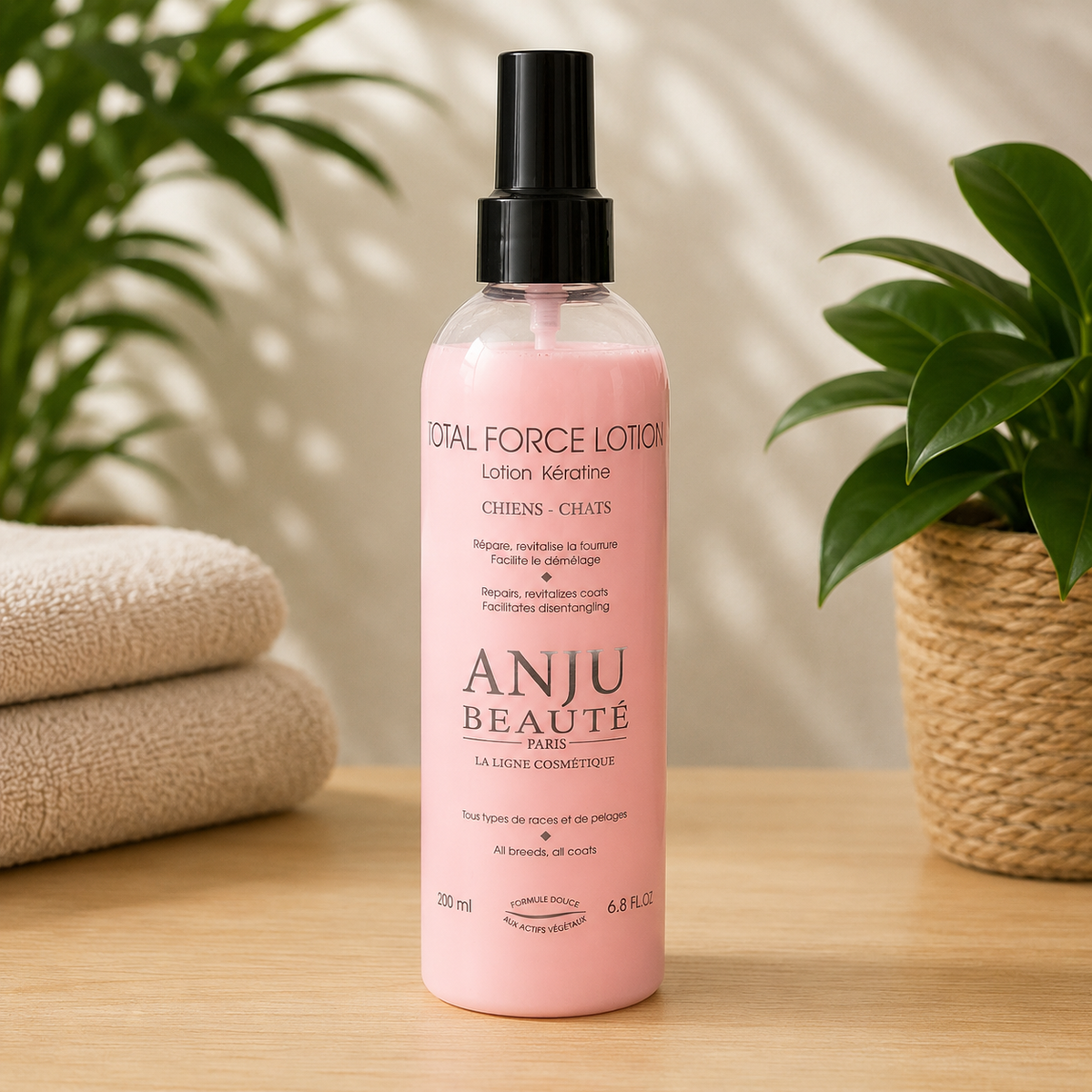 Flacon spray rose de 250 ml ANJU Beauté Total Force Lotion Kératine pour chiens et chats, présenté sur une table en bois avec des serviettes beiges et une plante verte en arrière-plan.
