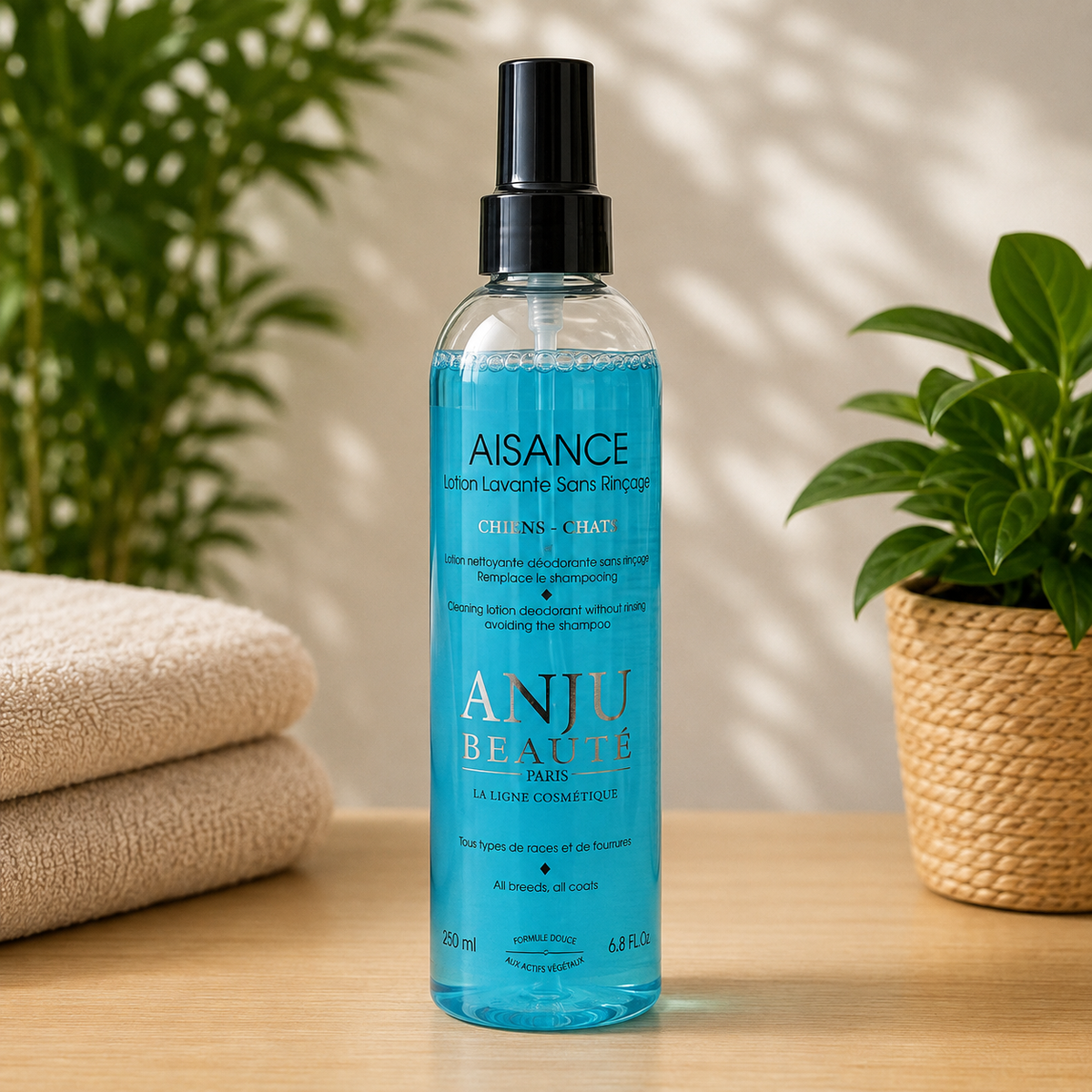 Flacon spray transparent de 250 ml de lotion lavante sans rinçage Aisance ANJU BEAUTÉ, contenant une lotion bleue et présenté sur une table en bois.