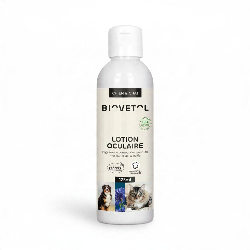 Flacon blanc de lotion oculaire Biovetol 125 ml, pour chien et chat, label Ecocert et mention fabrication française