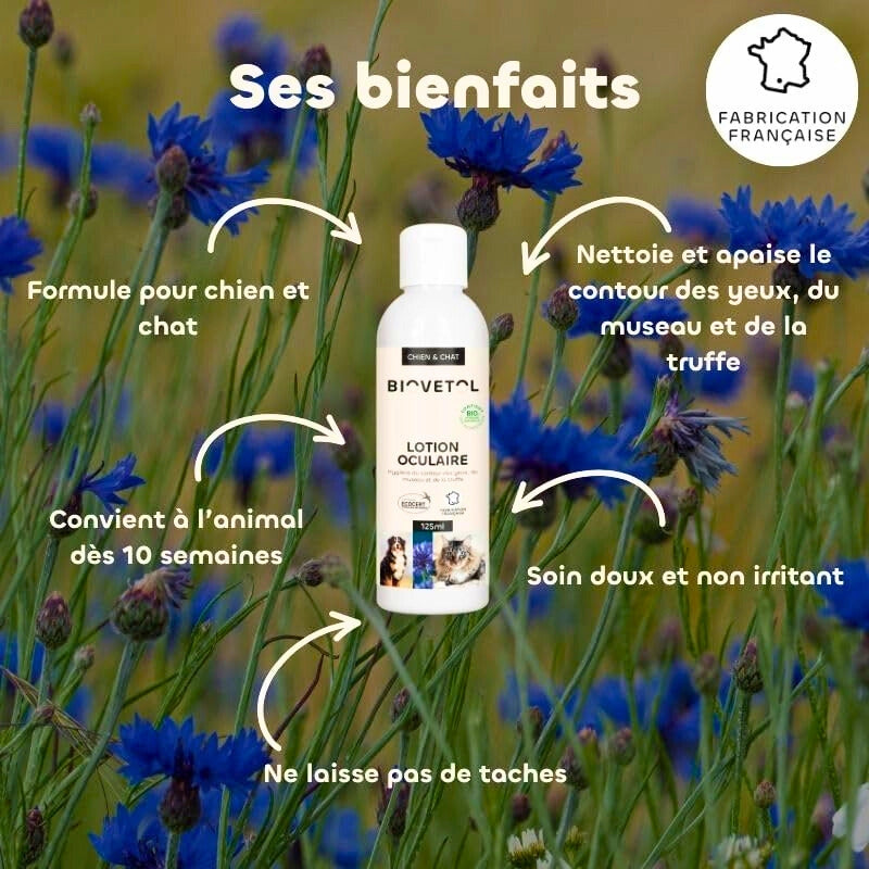 Flacon de lotion oculaire Biovetol 125 ml au milieu d’un champ de bleuets, avec ses bienfaits : formule chien et chat, dès 10 semaines, nettoie le contour des yeux, du museau et de la truffe, ne laisse pas de taches