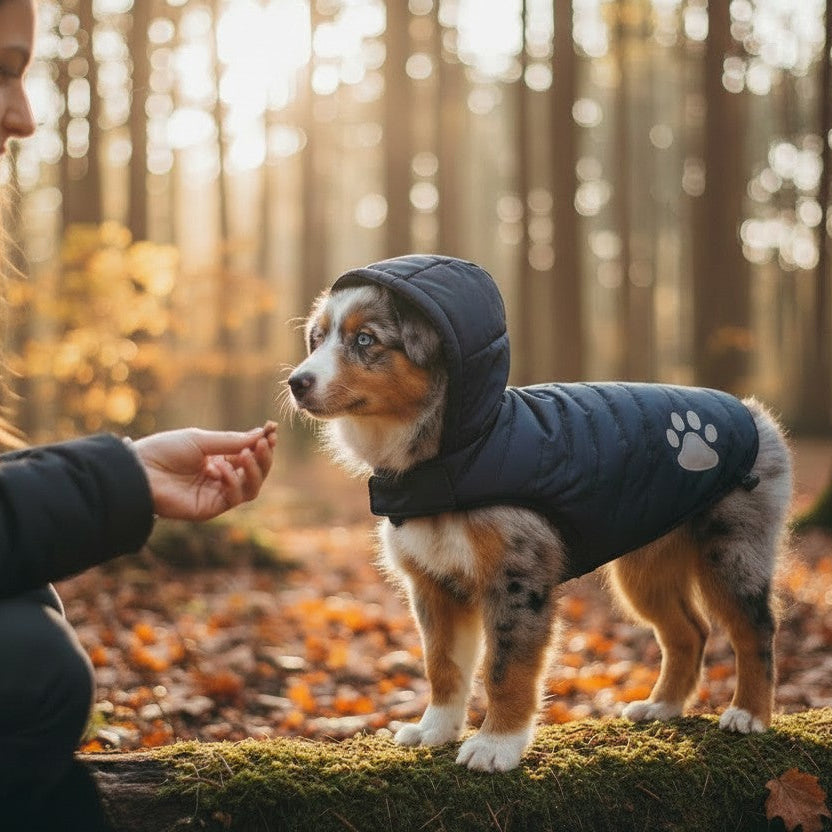 Petit chien portant un manteau matelassé bleu marine à capuche lors d'une promenade en forêt en automne