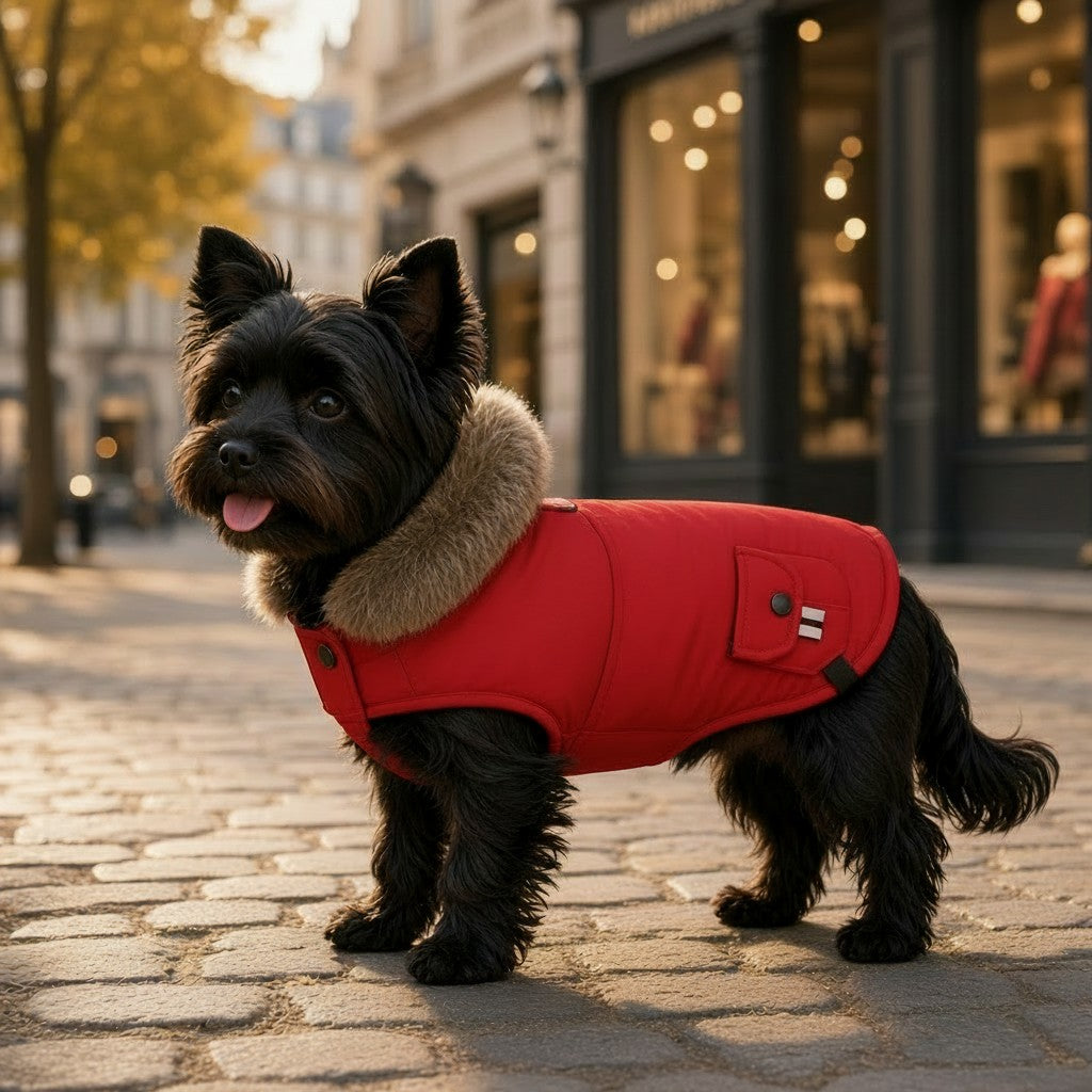 Petit chien noir portant un manteau matelassé rouge à col en fausse fourrure, debout sur un trottoir pavé devant une vitrine de boutique