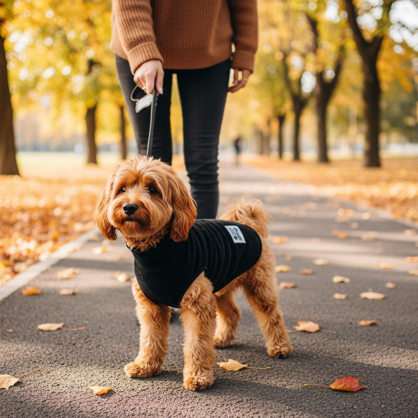 Chien au pelage frisé abricot, marchant en laisse de profil et portant le manteau en velours côtelé noir. L'écusson carré blanc "Love Story" est visible sur le flanc arrière. Une personne en pantalon noir et pull marron le tient en laisse sur un chemin d'asphalte. L'arrière-plan automnal flouté montre un parc arboré avec des feuilles mortes dorées au sol.