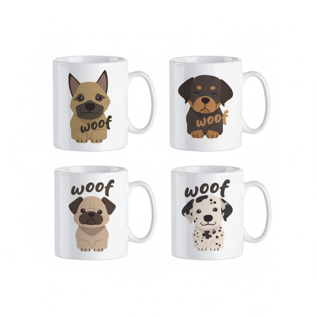 Lot de 4 mugs ceramique blanche motif chiens kawaii woof berger beige rottweiler carlin dalmatien 350ml collection chien