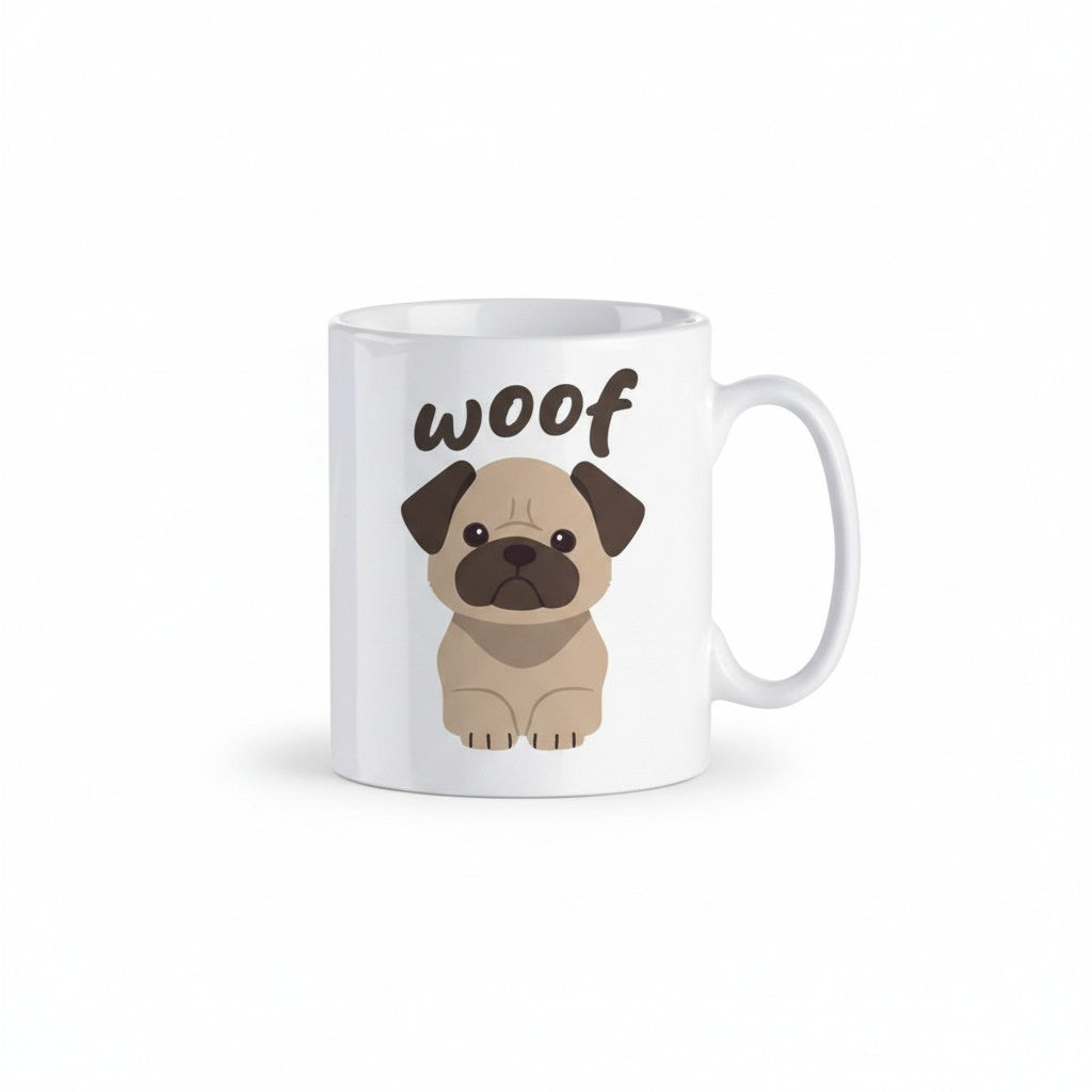 Mug chien carlin beige plisse motif woof marron au dessus tete 