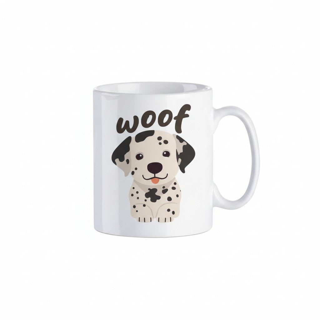 Mug chien dalmatien blanc taches noires langue tiree motif woof