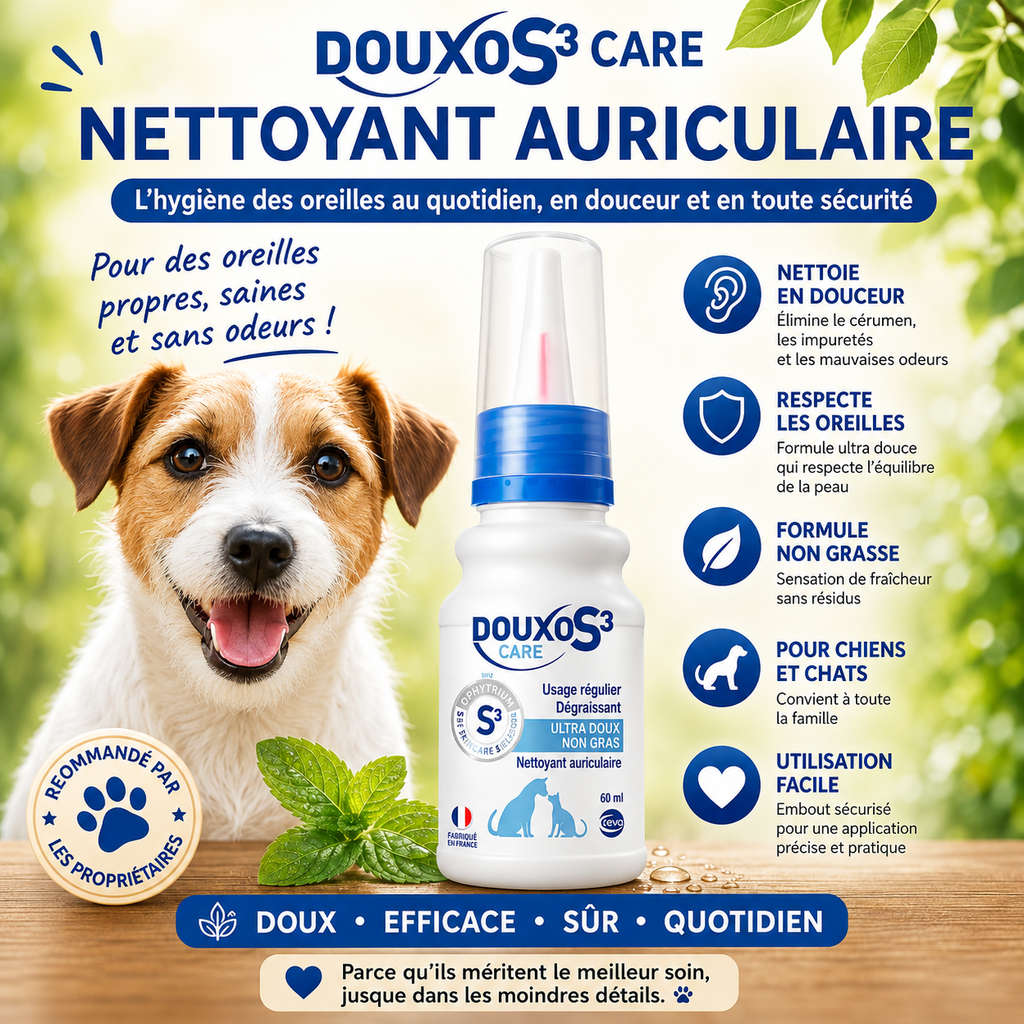 Nettoyant auriculaire DOUXO S3 CARE 60 ml présenté avec un petit chien et ses principales caractéristiques pour l’entretien régulier des oreilles