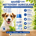 Nettoyant auriculaire DOUXO S3 CARE 60 ml présenté avec un petit chien et ses principales caractéristiques pour l’entretien régulier des oreilles