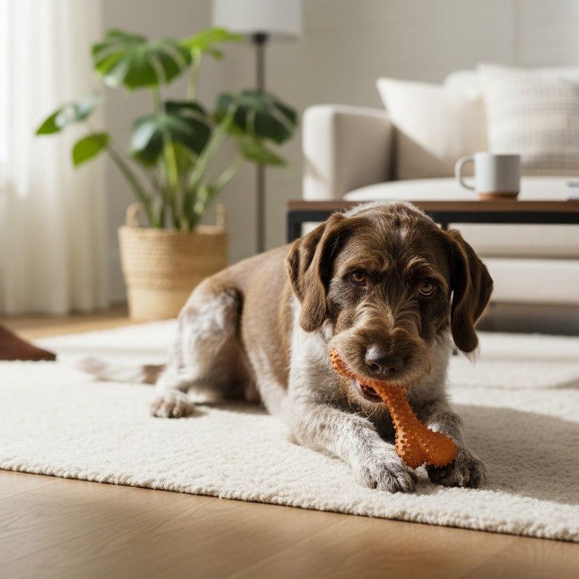 Chien de race Griffon ou Braque à poils durs marron et blanc couché au centre d'un salon sur un tapis beige clair. L'animal maintient le jouet en forme d'os orange à picots Jack and Vanilla entre ses pattes avant et le mordille tout en fixant l'objectif. En arrière-plan flouté, on distingue un canapé clair avec des coussins, une table basse en bois et une grande plante verte Monstera dans un panier en osier.
