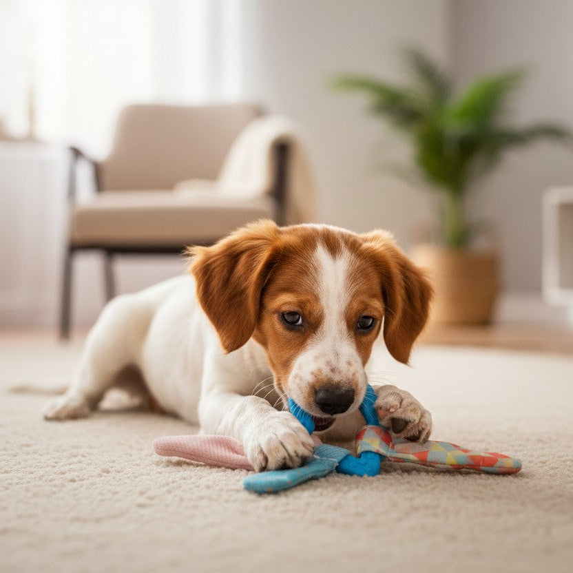 Un jeune chiot blanc aux taches marron clair, ressemblant à un Épagneul Breton, est couché sur un grand tapis beige au milieu d'un salon lumineux. L'animal tient fermement entre ses pattes avant et mordille l'anneau de dentition bleu en forme d'étoile muni de ses rubans en tissu colorés de la marque Jack and Vanilla. Le second plan montre un décor d'intérieur chaleureux et épuré avec un fauteuil, une plante verte en pot et un meuble blanc, le tout enveloppé d'un flou artistique doux