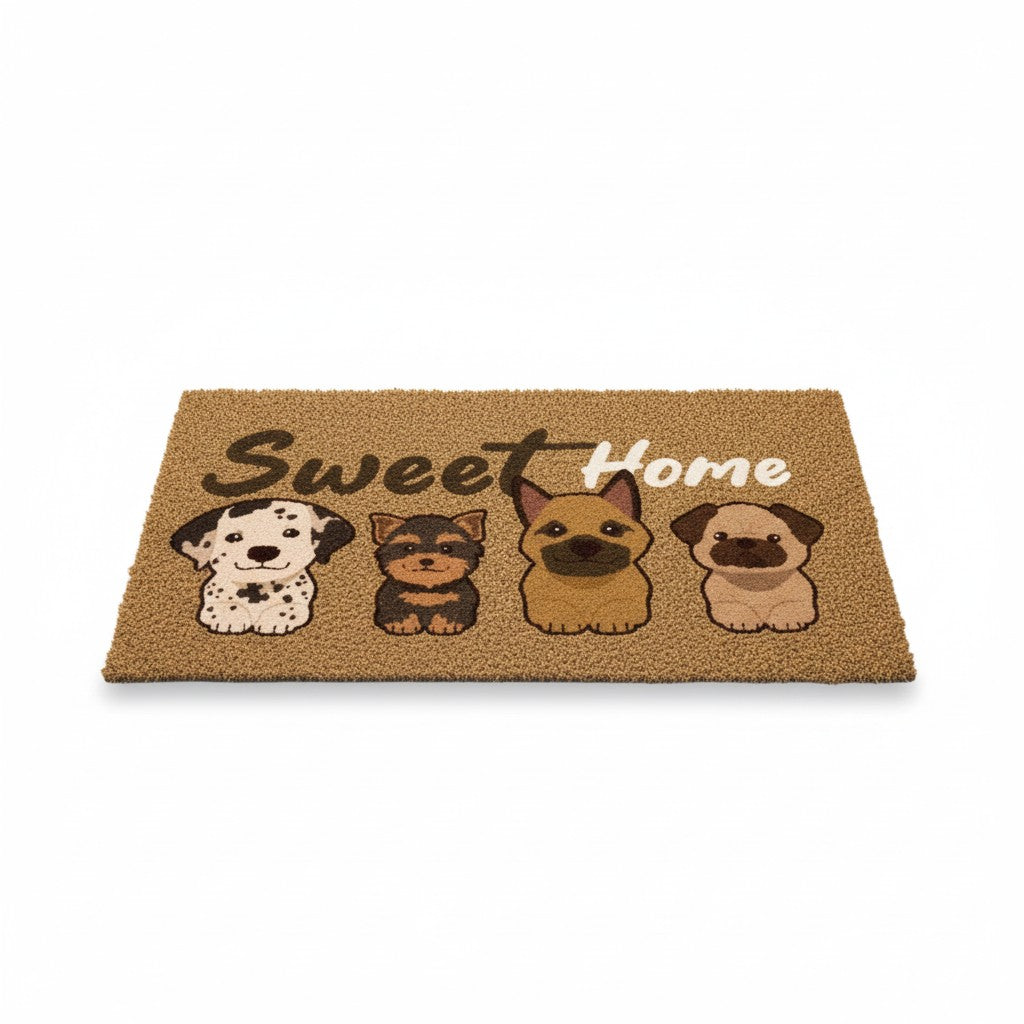 Paillasson tapis entrée Sweet Home 4 chiens kawaii dalmatien yorkshire berger carlin fibre coco beige