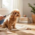 Petit chien à poils bouclés peigné avec un peigne double lors d’une séance de toilettage à la maison.