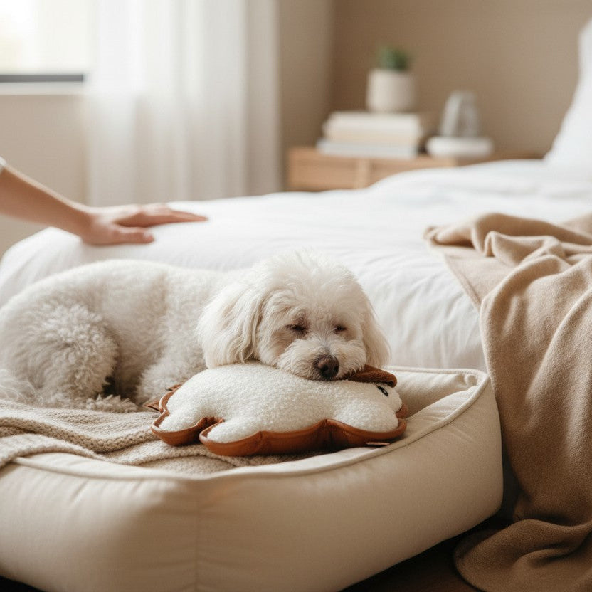 Petit chien blanc au pelage frisé, de type Coton de Tuléar ou Bichon, couché dans son panier beige au pied d'un lit. Sa tête repose tendrement sur la peluche plate en forme de mouton blanc et marron, l'utilisant comme un oreiller. Une main humaine est posée sur le lit en arrière-plan. Le décor de la chambre est lumineux et épuré avec des plaids dans des tons beige et sable.