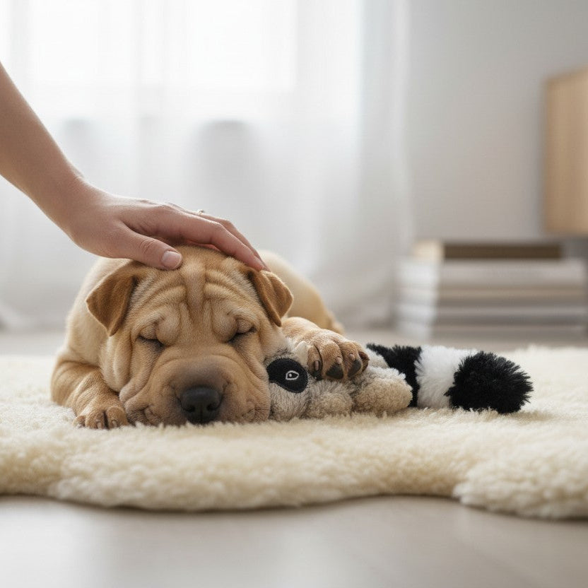 Un chiot Shar Pei au pelage beige et à la peau très plissée dort paisiblement sur un épais tapis en fausse fourrure blanche. Sa tête repose doucement contre la peluche de raton laveur GiGwi, tandis qu'une main humaine vient délicatement caresser le sommet de son crâne. La scène se déroule dans une pièce baignée d'une lumière douce et tamisée, laissant entrevoir en arrière-plan une pile de livres et un meuble en bois scandinave légèrement floutés.