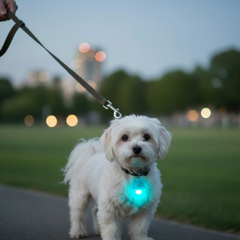 Petit chien blanc portant un pendentif LED turquoise lumineux fixé à son collier lors d'une promenade en soirée.