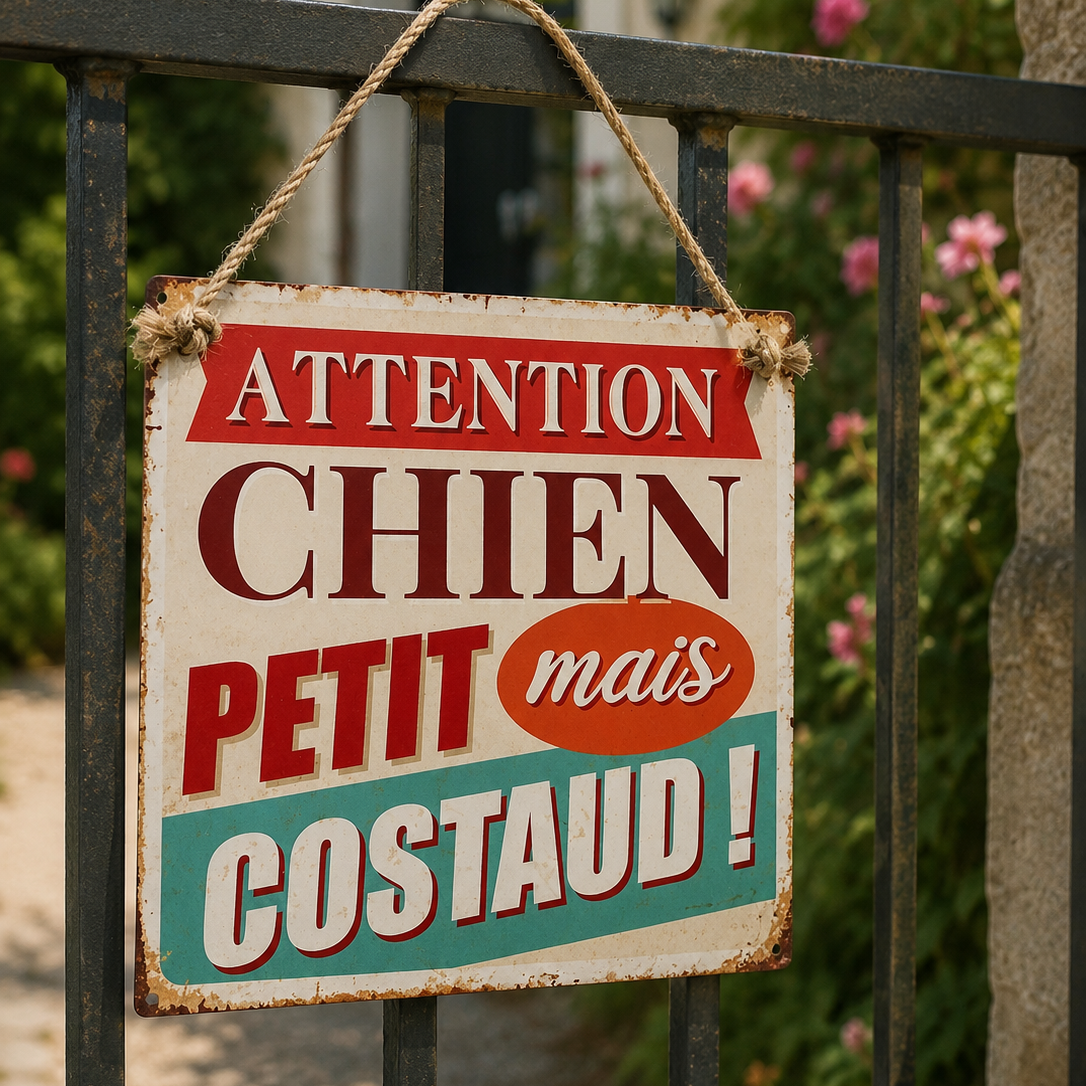 Plaque métallique vintage « Attention chien petit mais costaud ! » suspendue par une corde à un portail extérieur.