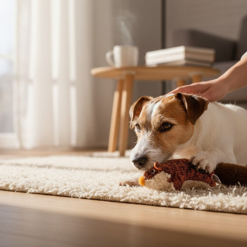 Chien Jack Russell Terrier blanc et marron couché sur un tapis beige épais, maintenant la petite peluche marron GiGwi entre ses pattes pour la mordiller. Une main humaine caresse doucement son dos. En arrière-plan lumineux et flouté, un salon chaleureux dévoile une table basse en bois avec une tasse fumante et des livres près d'une fenêtre ensoleillée.