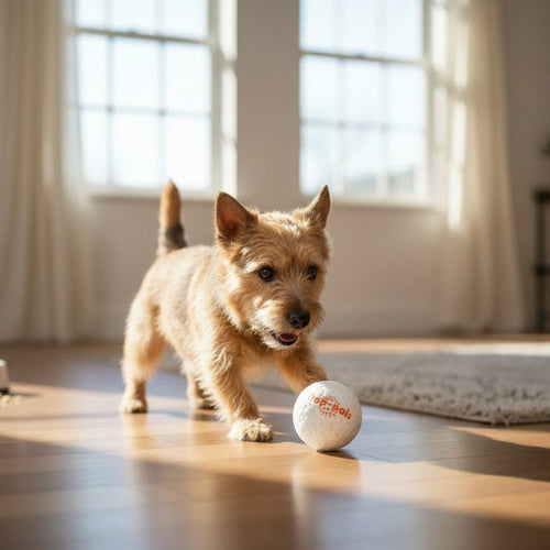 Petit chien Cairn Terrier marron clair en mouvement sur un parquet en bois, s'apprêtant à attraper la balle blanche GiGwi "Pop-pals" avec sa patte avant droite. En arrière-plan flouté, un homme est assis sur un fauteuil en regardant son téléphone dans un salon lumineux avec de grandes fenêtres et un tapis clair.